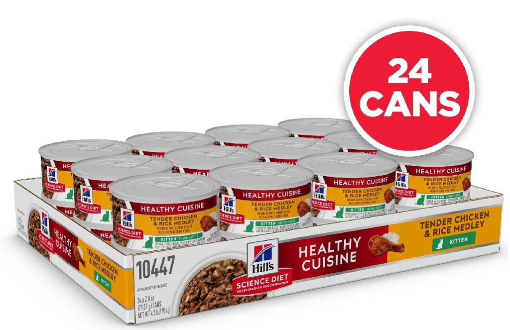 Pack Of 24 x HILLS CAT CAN KITTEN HEALTHY CUISINE CHICKEN AND RICE 79G