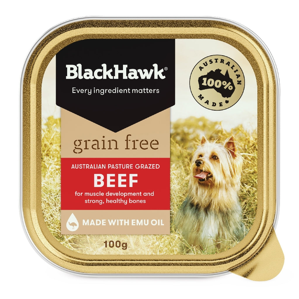 Pack Of 9 X BLACK HAWK TRAY GRAIN FREE BEEF 100G