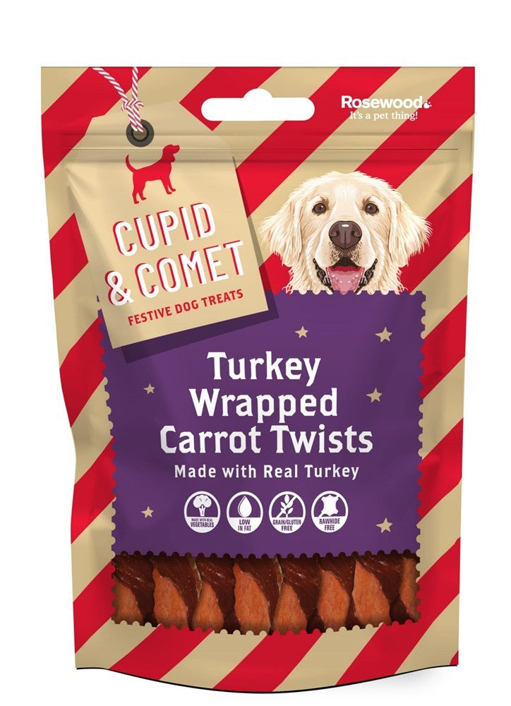 CUPID AND COMET XMAS TURKEY WRAPPED CARROT STICK TREATS FOR DOGS 100G