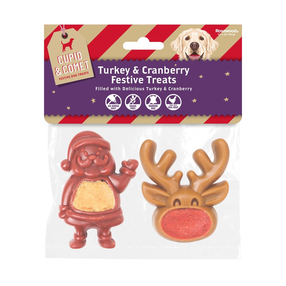 CUPID AND COMET XMAS FESTIVE TURKEY AND CRANBERRY DOG TREATS 100G