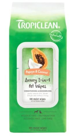 TROPICLEAN LUXURY 2 IN 1 PET WIPES PAPAYA AND COCONUT 100PK