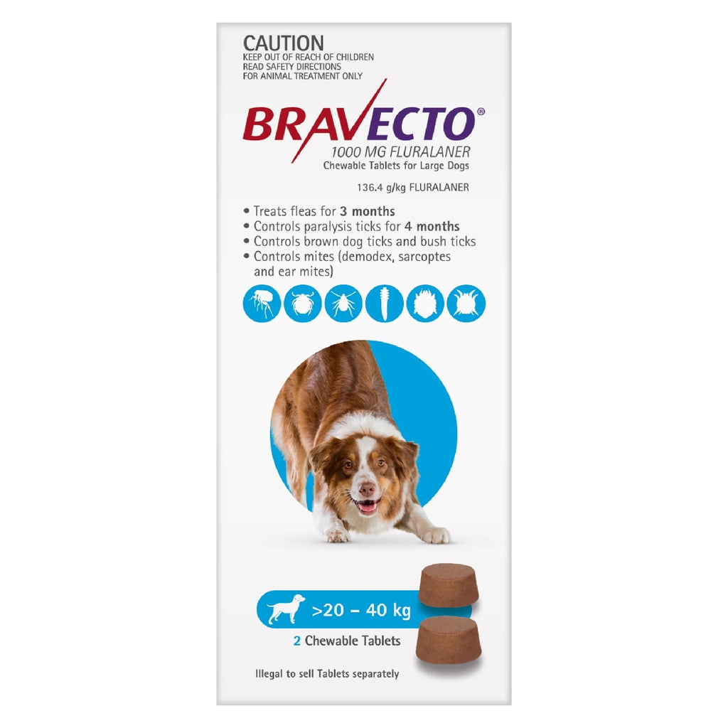 BRAVECTO DOG CHEWABLE BLUE 20-40KG 2 TABLETS