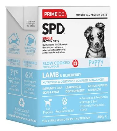 PRIME 100 SPD SLOW COOKED LAMB AND BLUEBERRY PUPPY 354G