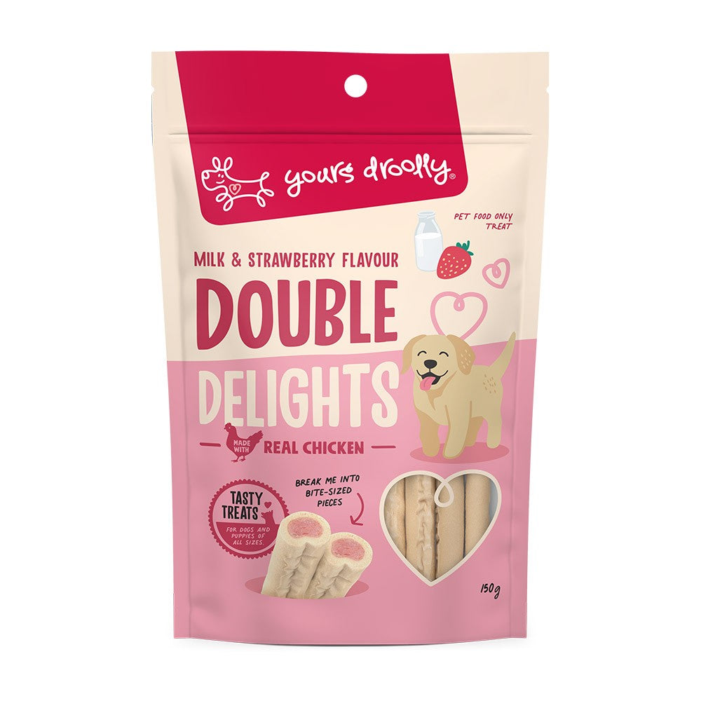 YOURS DROOLY DOUBLE DELIGHTS MILK AND STRAWBERRY MILKY STICKS 150G